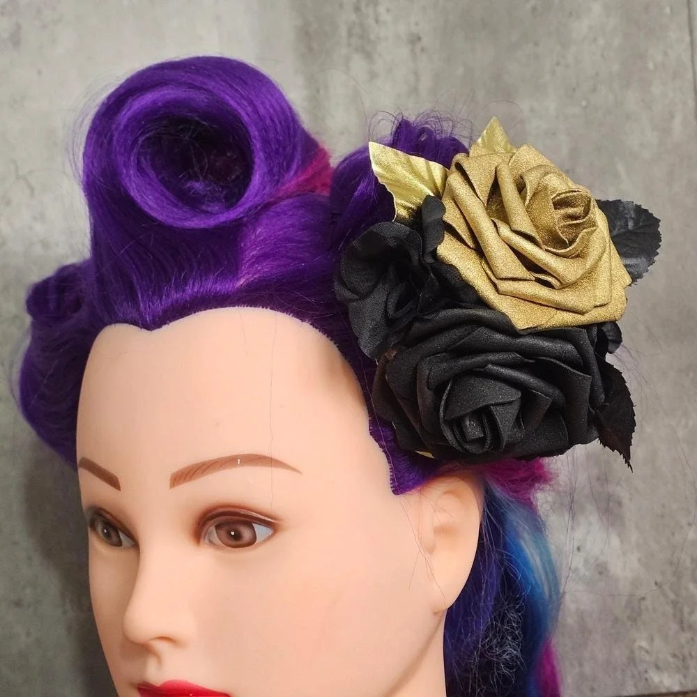 Handmade Black Gold‎ Rose Hair Clip Gothic Glam Floral Fascinator Rockabilly